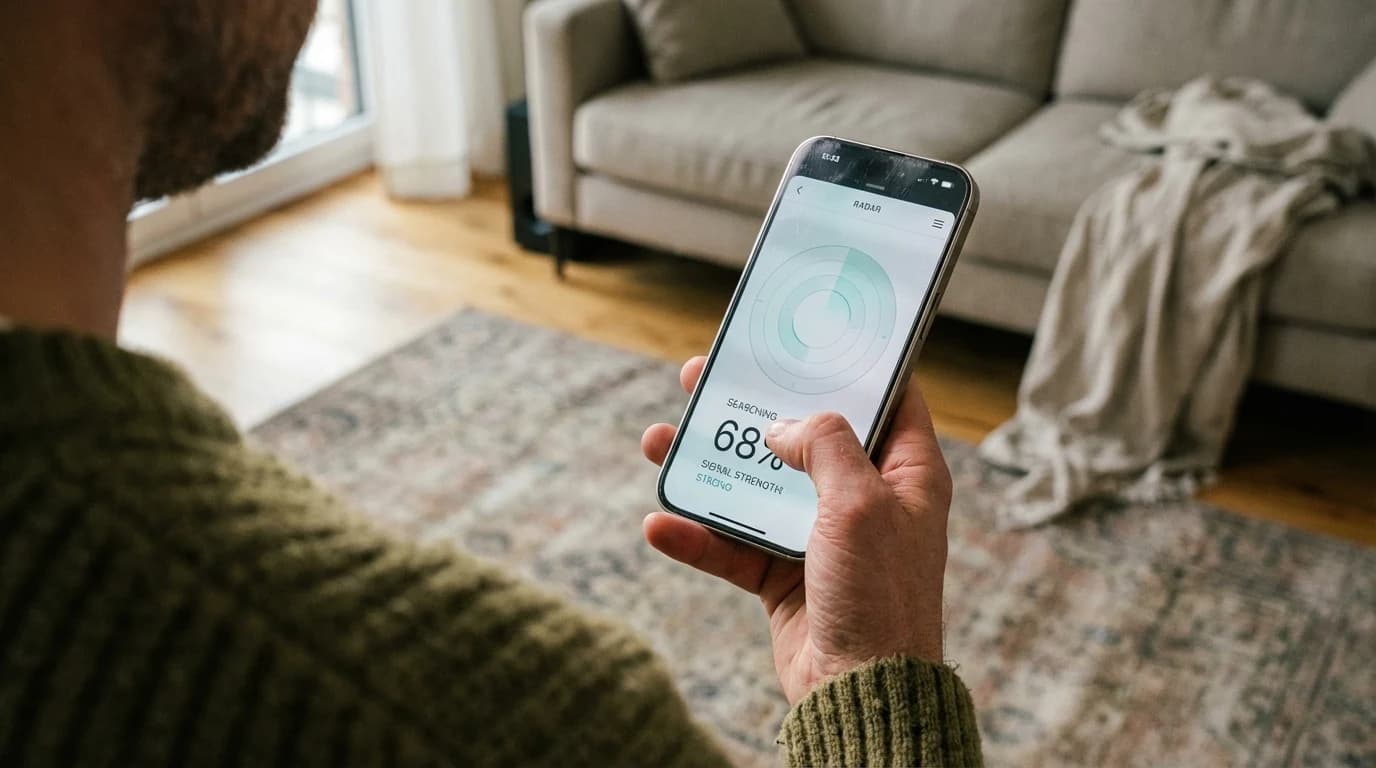 A person looking at a smartphone screen showing a Bluetooth signal radar while searching for lost earbuds in a living room.
