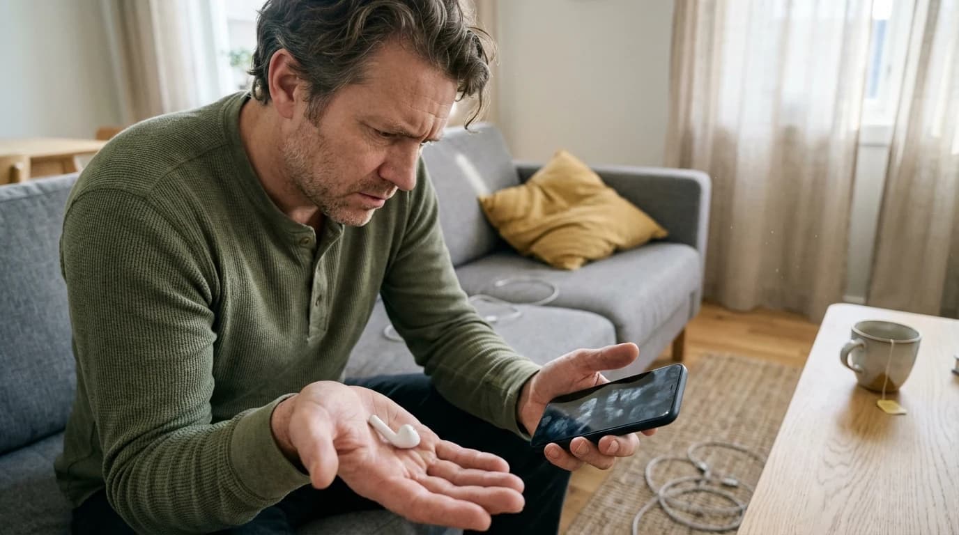 A person holding a single wireless earbud looking at their smartphone screen in frustration