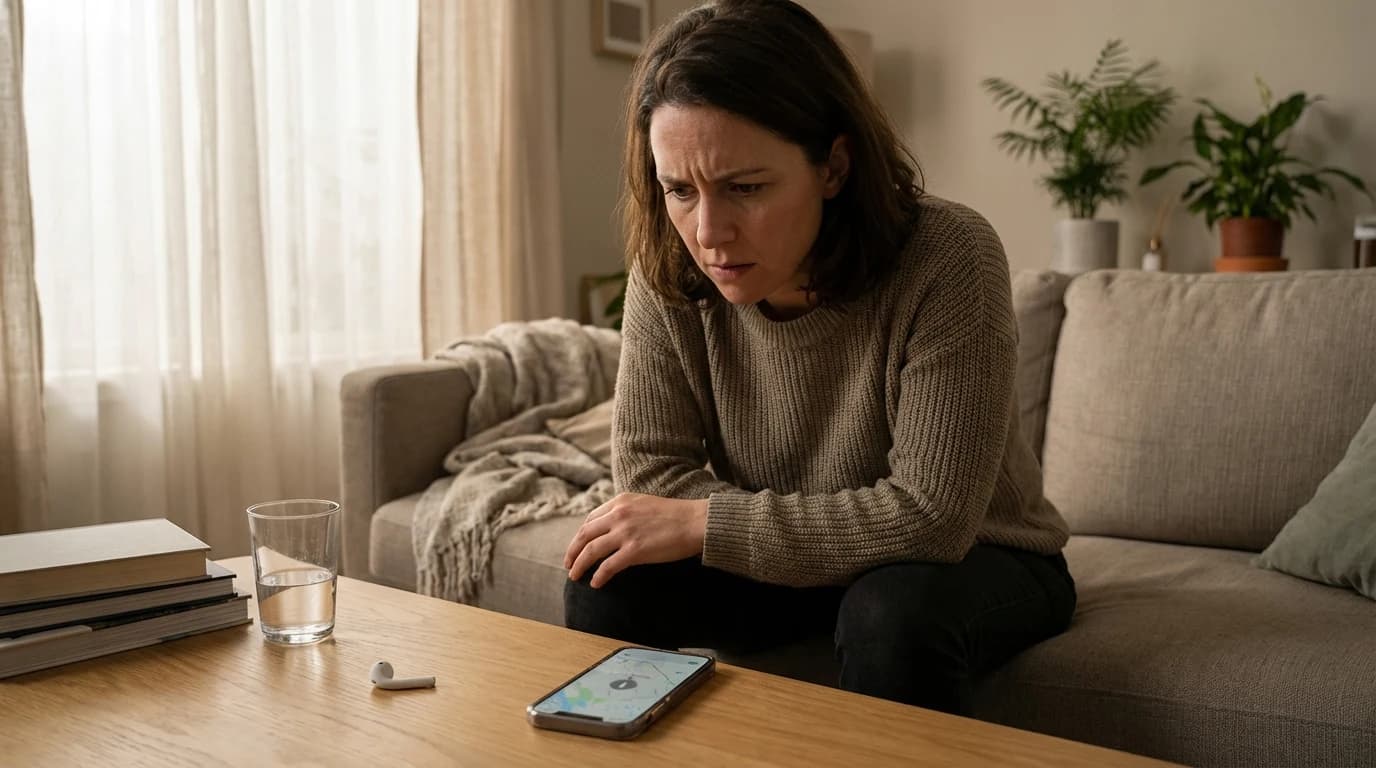 一個人拿著 iPhone,試圖在數位地圖介面上追蹤遺失的離線 AirPods。