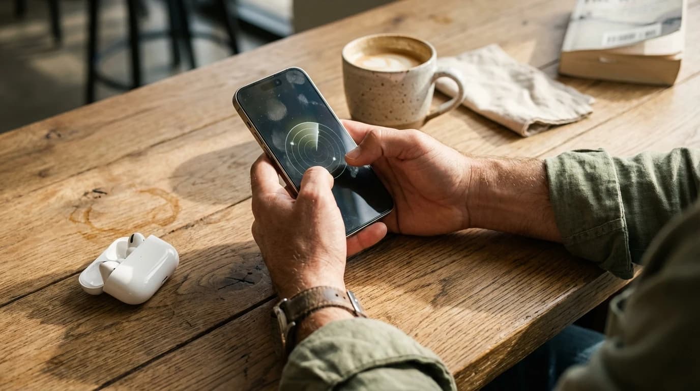 En person, der holder en iPhone, som viser en Bluetooth-tracking-app, ved siden af et åbent trådløst øretelefonetui på et træbord