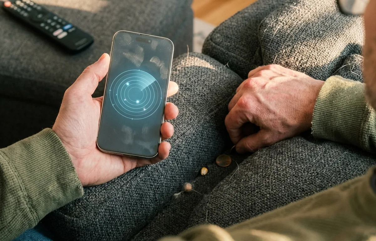 دستی که در حال گشتن بین کوسن‌های مبل با برنامه ردیابی گوشی هوشمند است