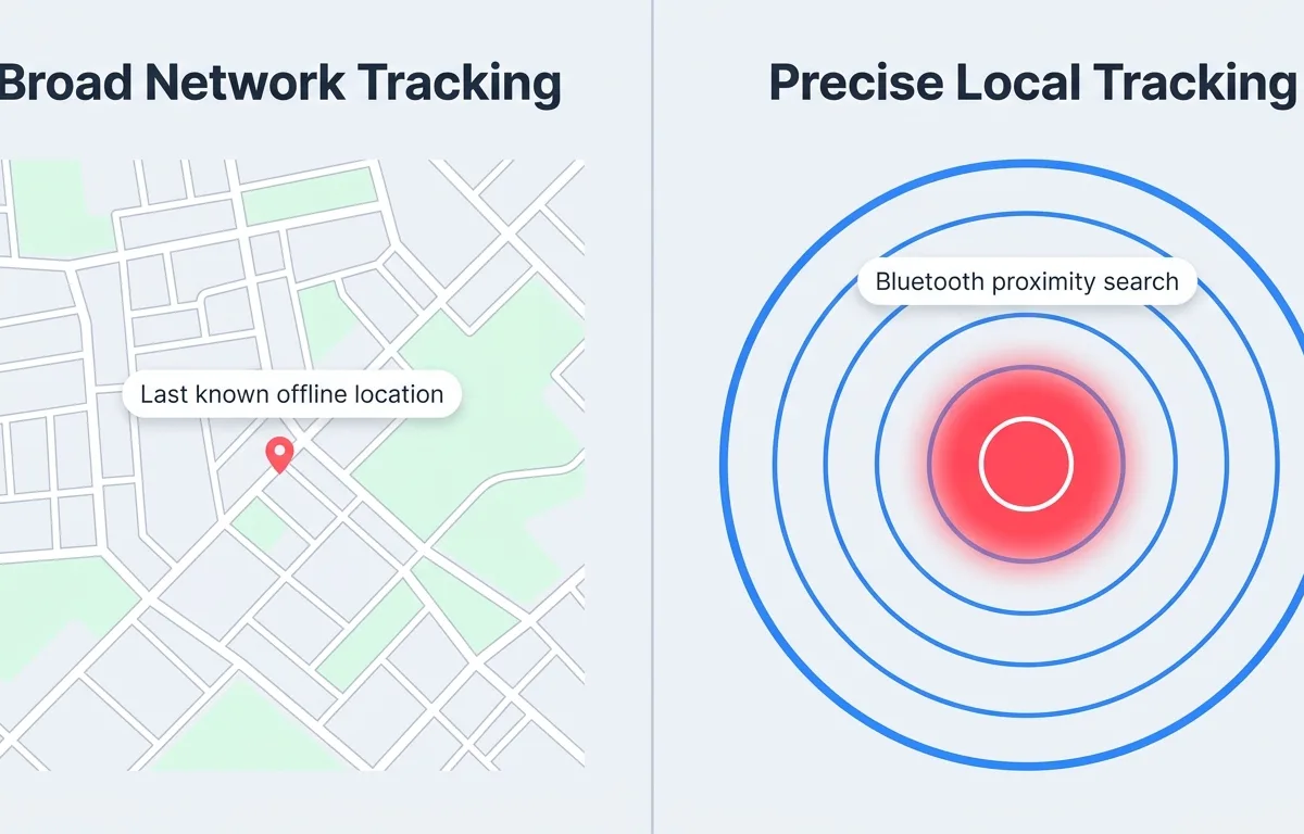 並排的 App 比較圖,展示了標準地圖介面與即時藍牙訊號雷達的差異。