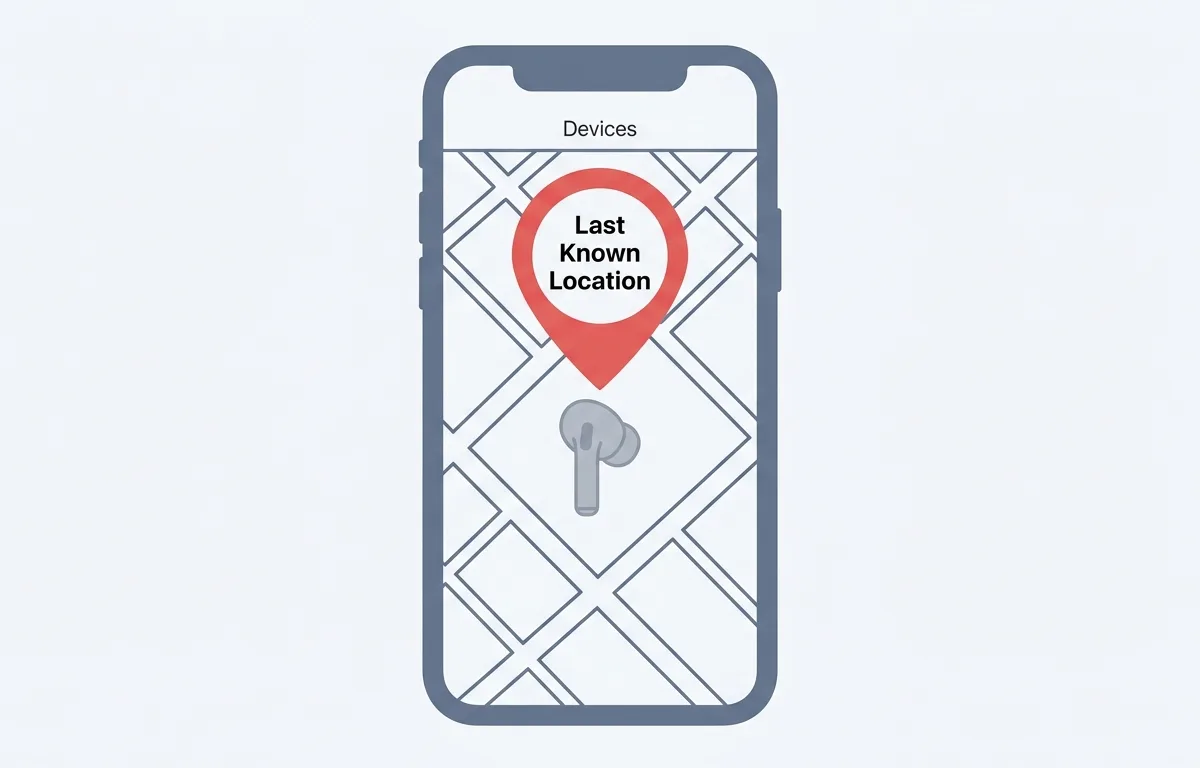 顯示數位地圖介面的圖表,包含灰色的離線耳機圖示和最後已知位置標記。