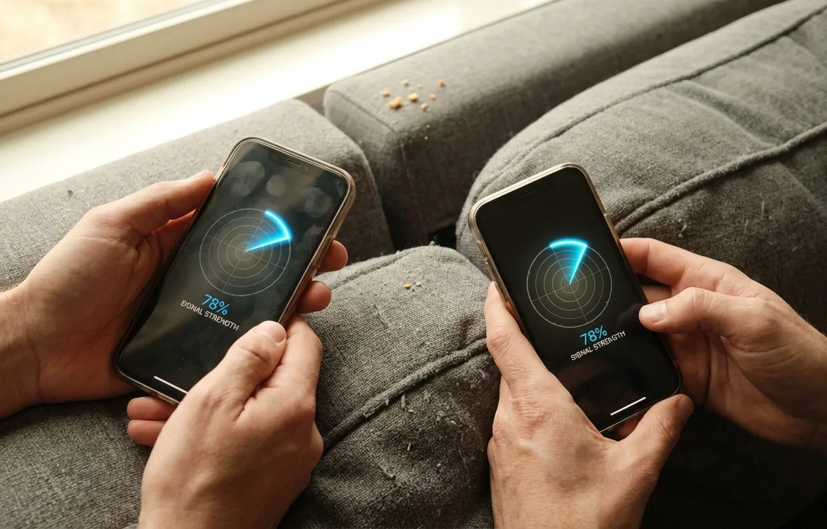 使用者正在 iPhone 上使用藍牙雷達 App,在客廳沙發上掃描尋找遺失的耳機。