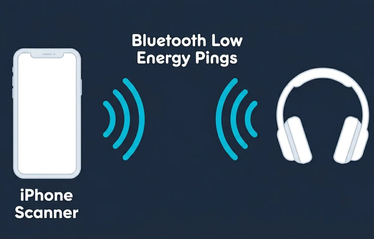 Diagramma che illustra come uno smartphone rileva segnali Bluetooth Low Energy da cuffie smarrite