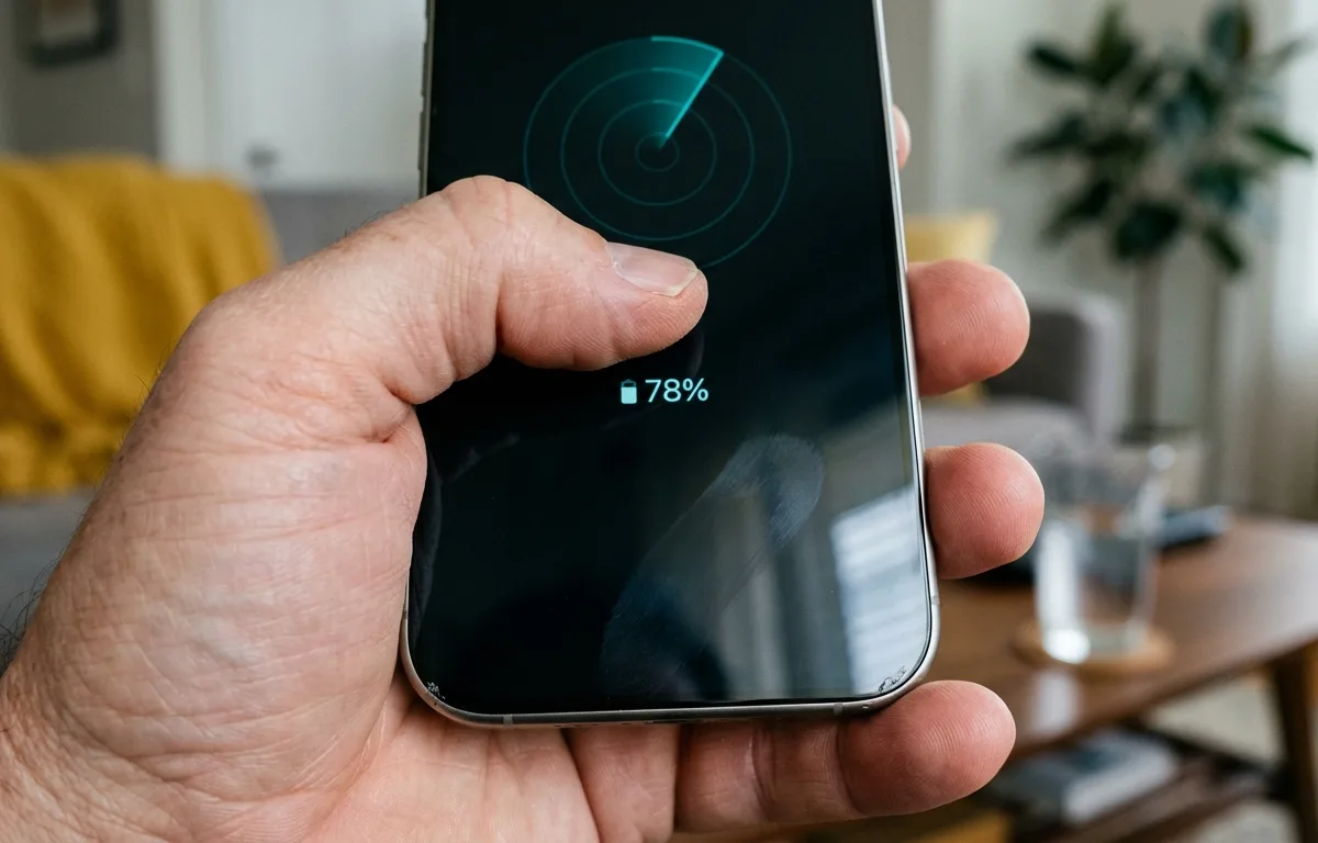 Primo piano dello schermo di un iPhone che mostra l'interfaccia di un'app radar Bluetooth mentre rintraccia auricolari smarriti