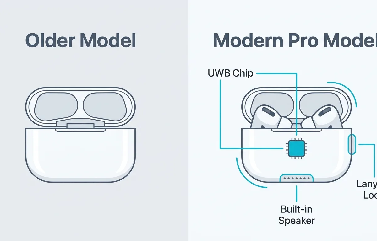 Rajah yang membandingkan komponen penjejakan dalaman bagi bekas fon telinga yang baharu dengan yang lama