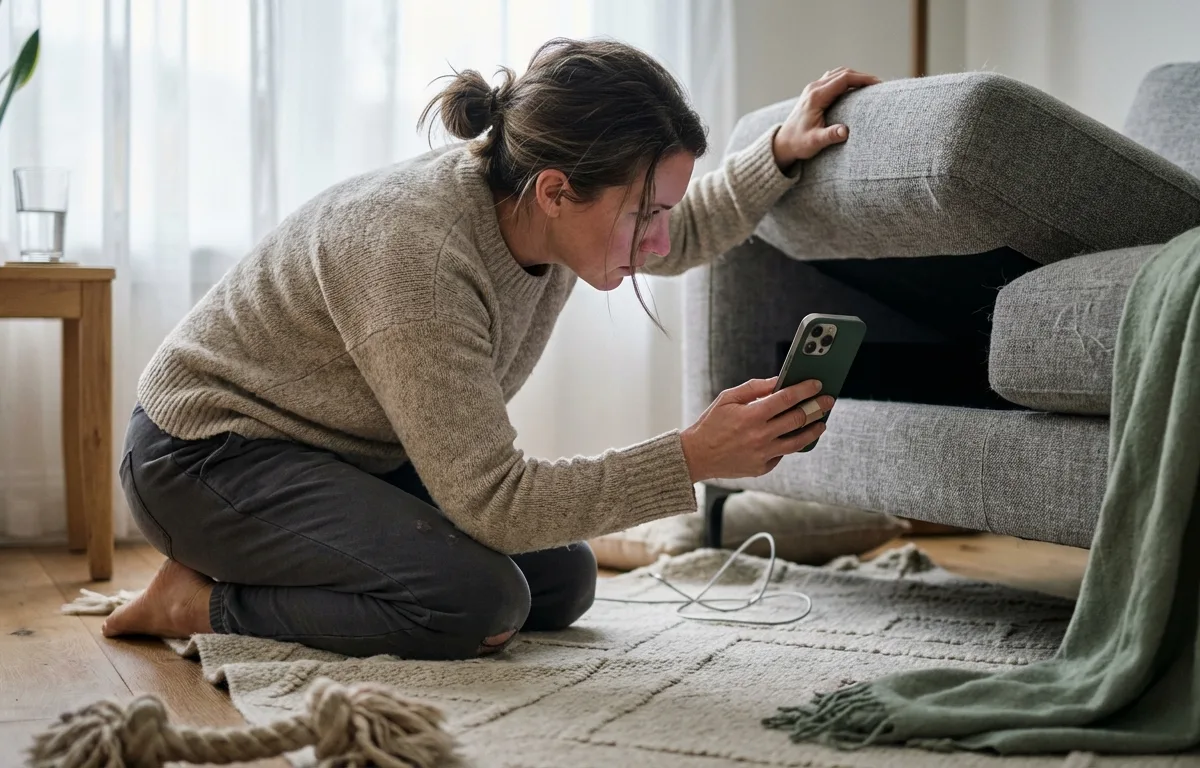 Seseorang sedang mencari di bawah kusyen sofa menggunakan aplikasi telefon pintar untuk mencari barang yang hilang